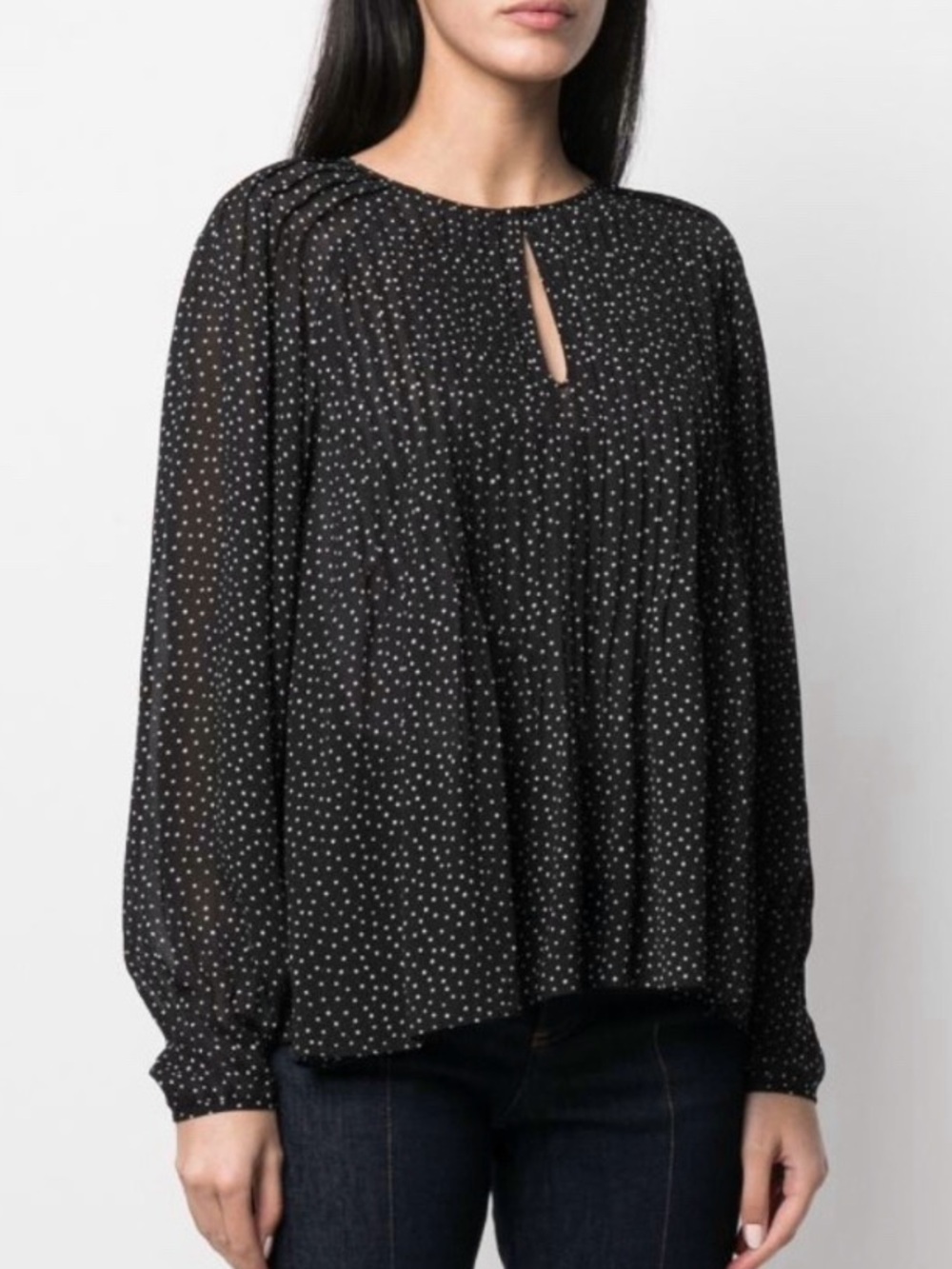 RAG & BONE Black Polka Dot Pleated Keyhole Long Sleeve Blouse Large Flowy